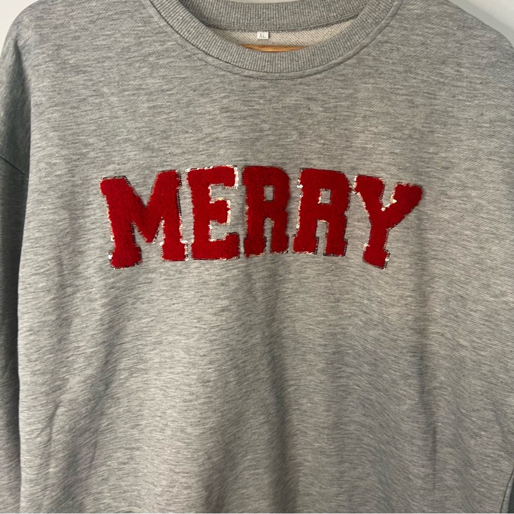 Gray and Red 'Merry' Women’s Crewneck - Picture 2 of 4